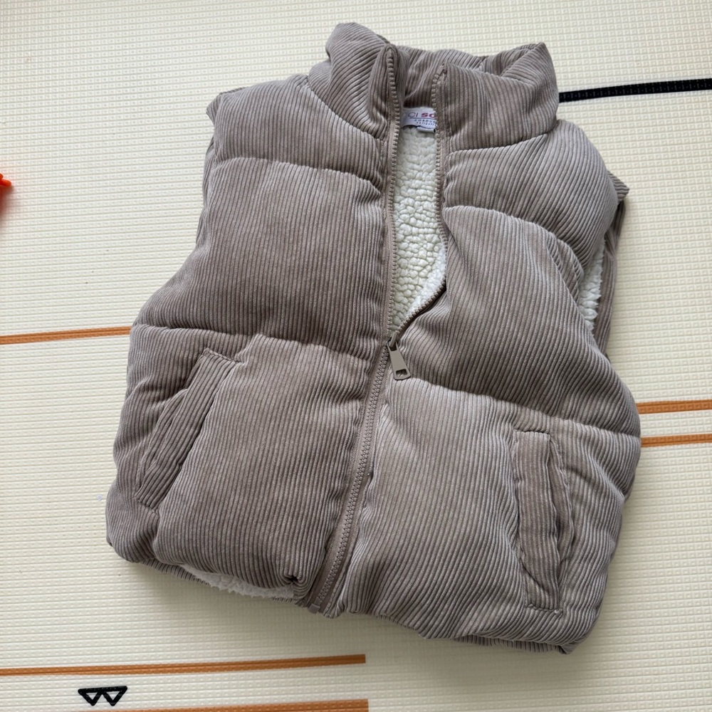 Corduroy Sherpa-Lined Puffer Vest in Taupe